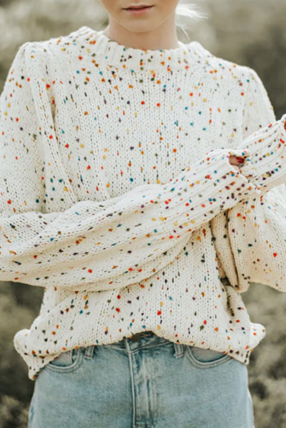 Beige Colorful Confetti Dots Cable Knit Crew Neck Sweater Daisie Boutique