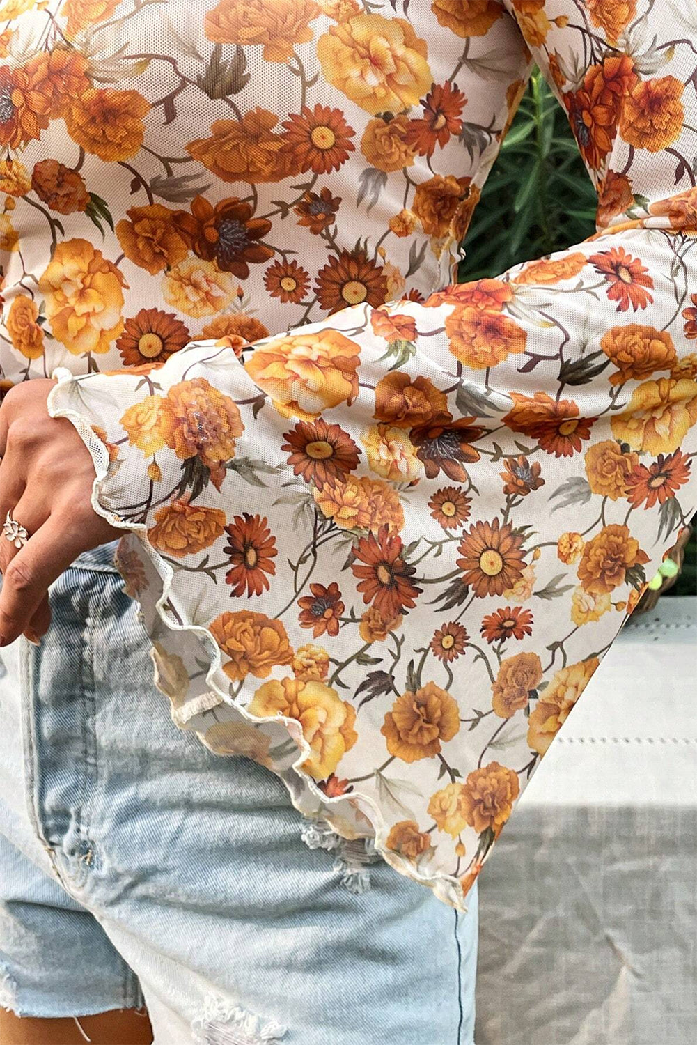 Orange Floral Printed Bell Sleeve Scallop Trim Blouse