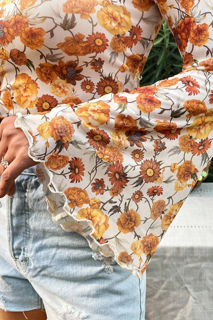 Orange Floral Printed Bell Sleeve Scallop Trim Blouse