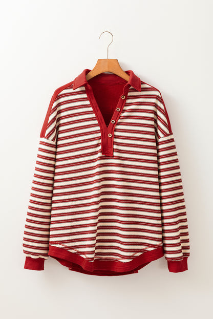 Stripe Buttoned V Neck Collared Top Daisie Boutique
