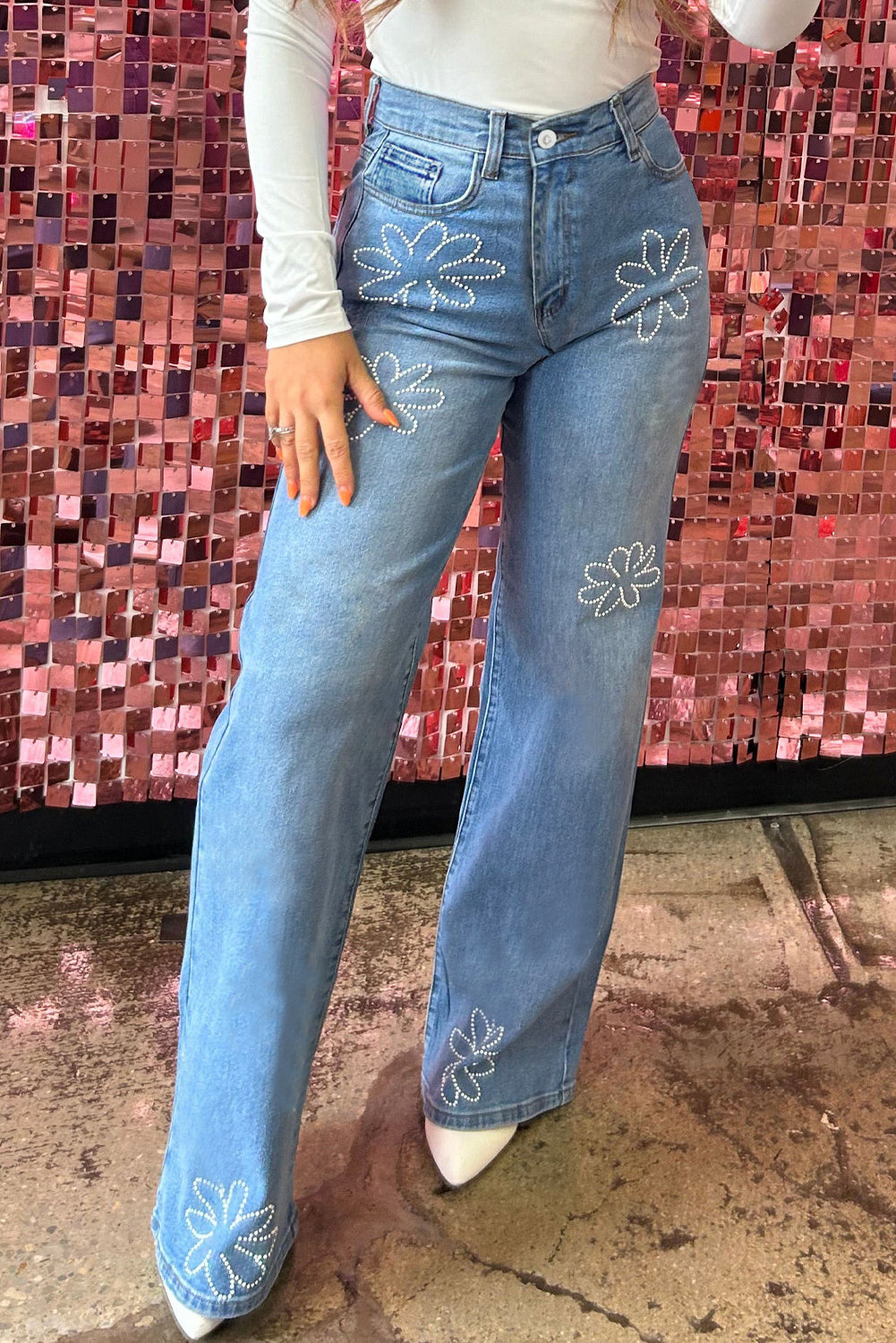 Floral Rhinestone High Rise Wide Leg Jeans - Light Blue Daisie Boutique