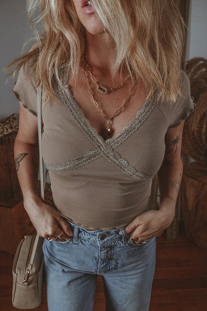 Lace Criss Cross Slim Fit V Neck Top Daisie Boutique