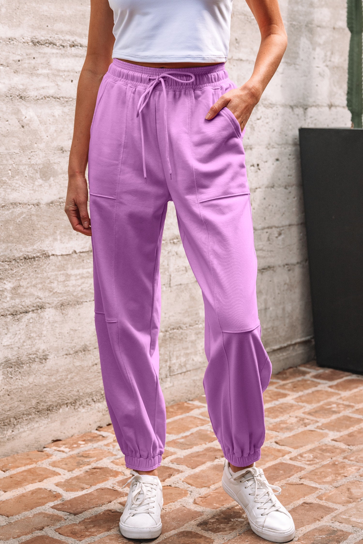 Drawstring Waist Patchwork Solid Color Jogger Pants - Lilac Dear-Lover Dropshipping