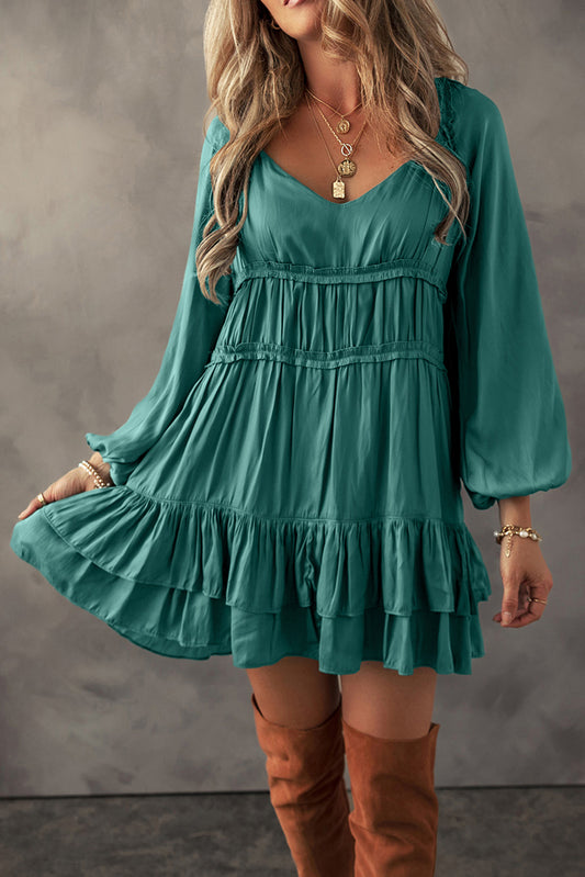 Tiered Ruffled Puff Sleeve Loose Fit Mini Dress Daisie Boutique