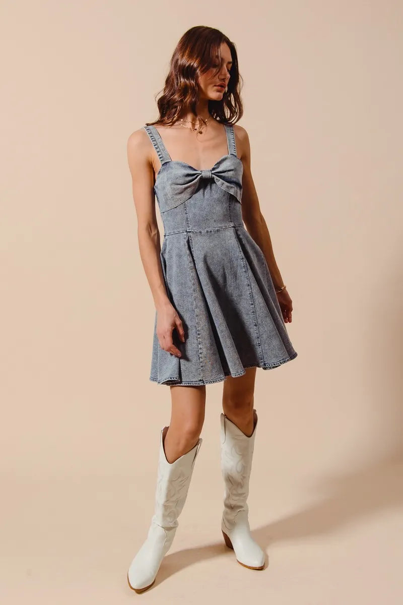 SO ME Mineral Washed Bow Ribbon Denim Flare Dress My Pampered Life Seattle