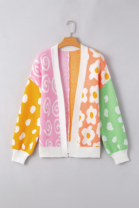 Orange Flower & Dotted Mixed Print Colorblock Open Front Cardigan Daisie Boutique