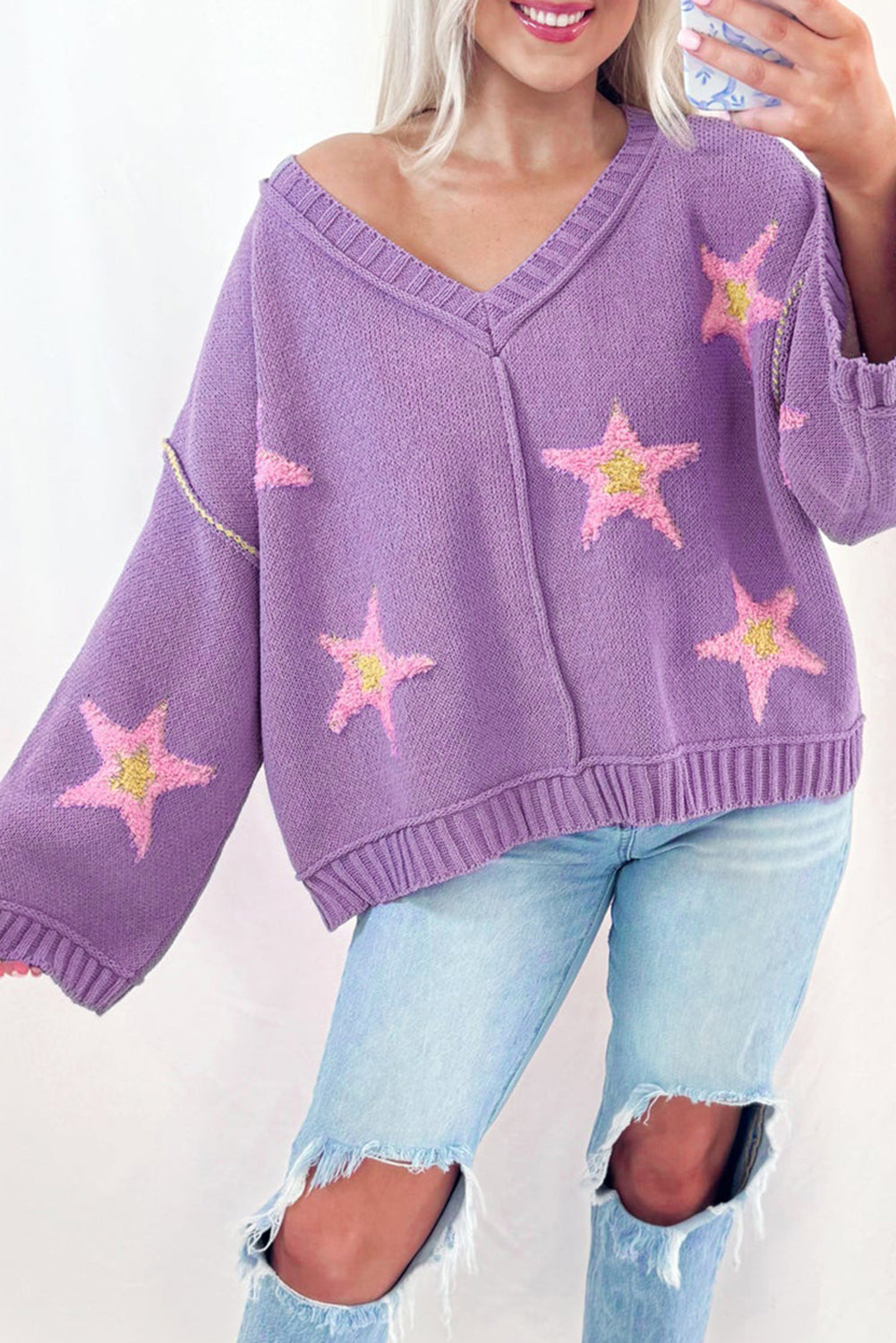 Star V Neck Oversize Sweater - Purple