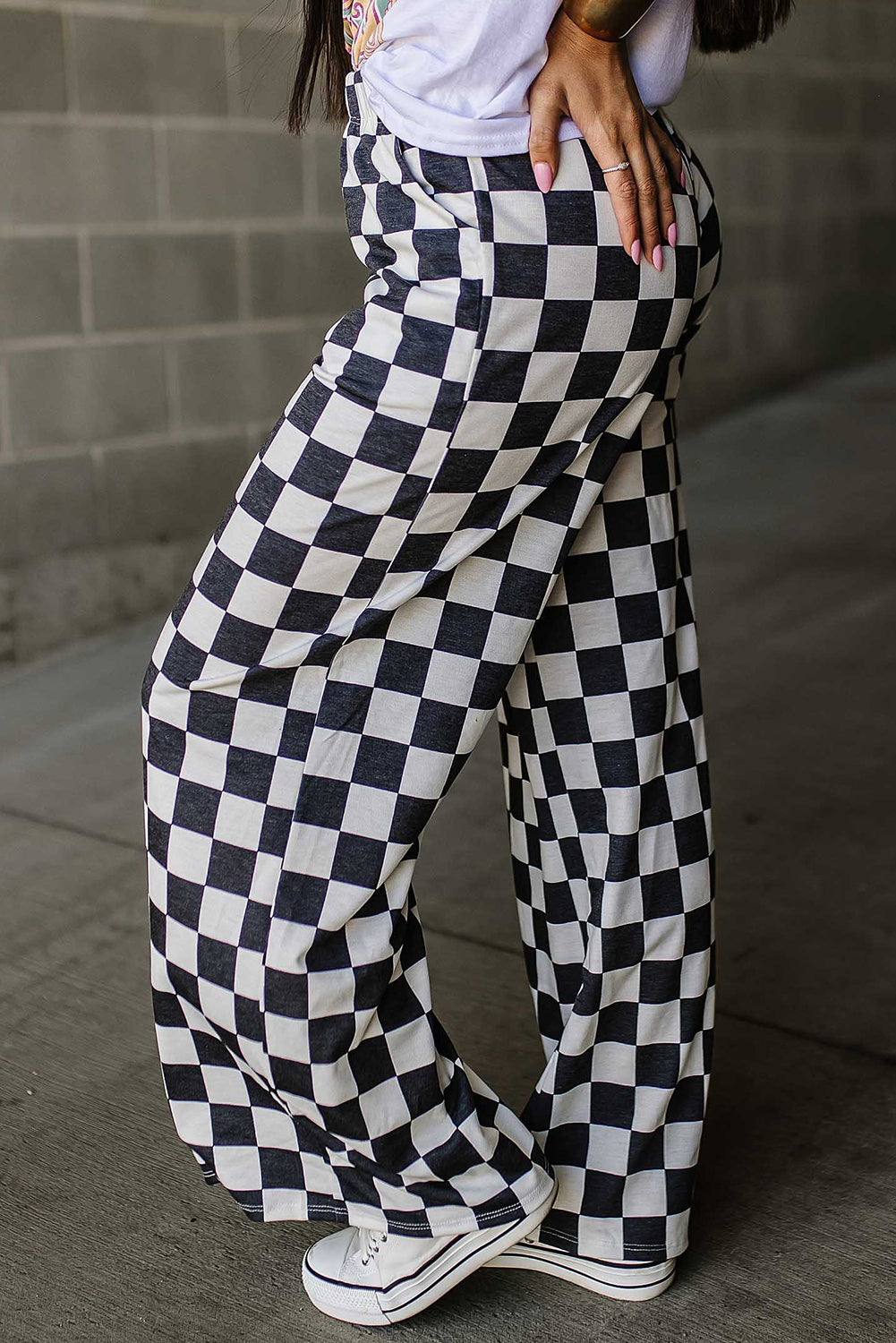 Bonbon 2-Tone Checked Print High Waist Wide Leg Pants Daisie Boutique