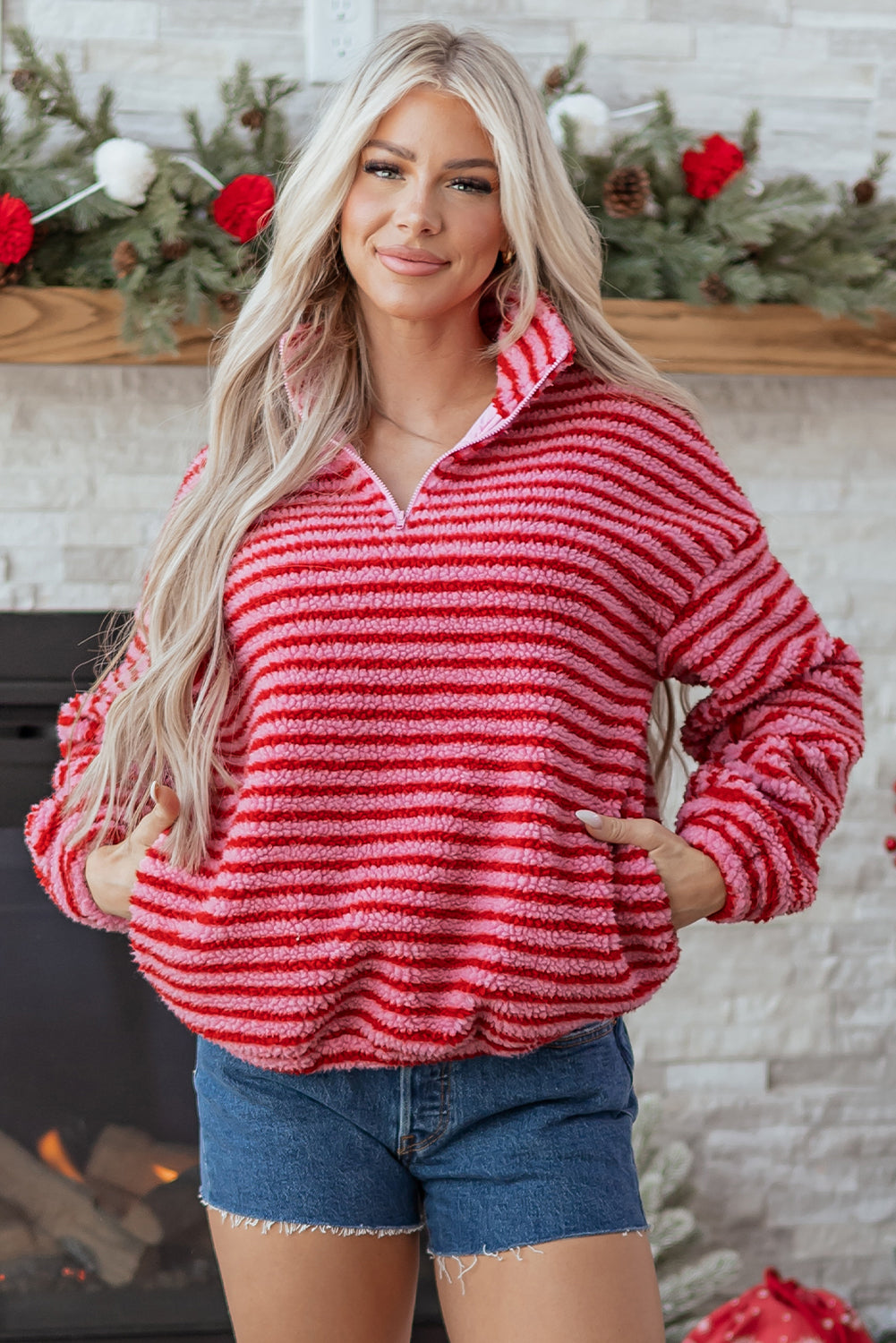 Pink Stripe Quarter Zip Fleece Oversize Sweatshirt Dear-Lover Dropshipping