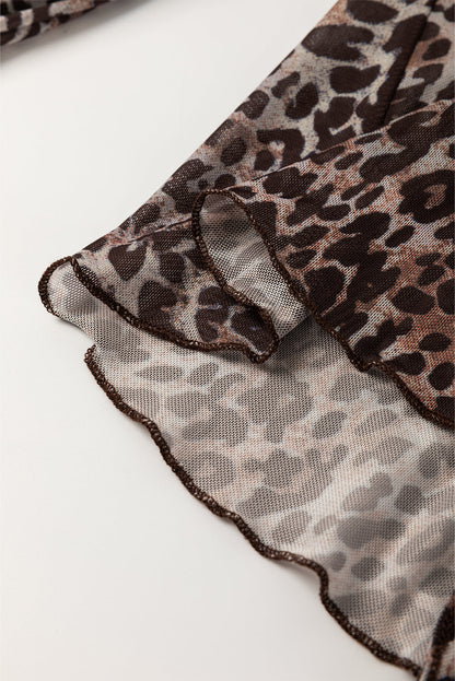Leopard Sheer Mesh Long Sleeve V Neck Lace-up Blouse Daisie Boutique