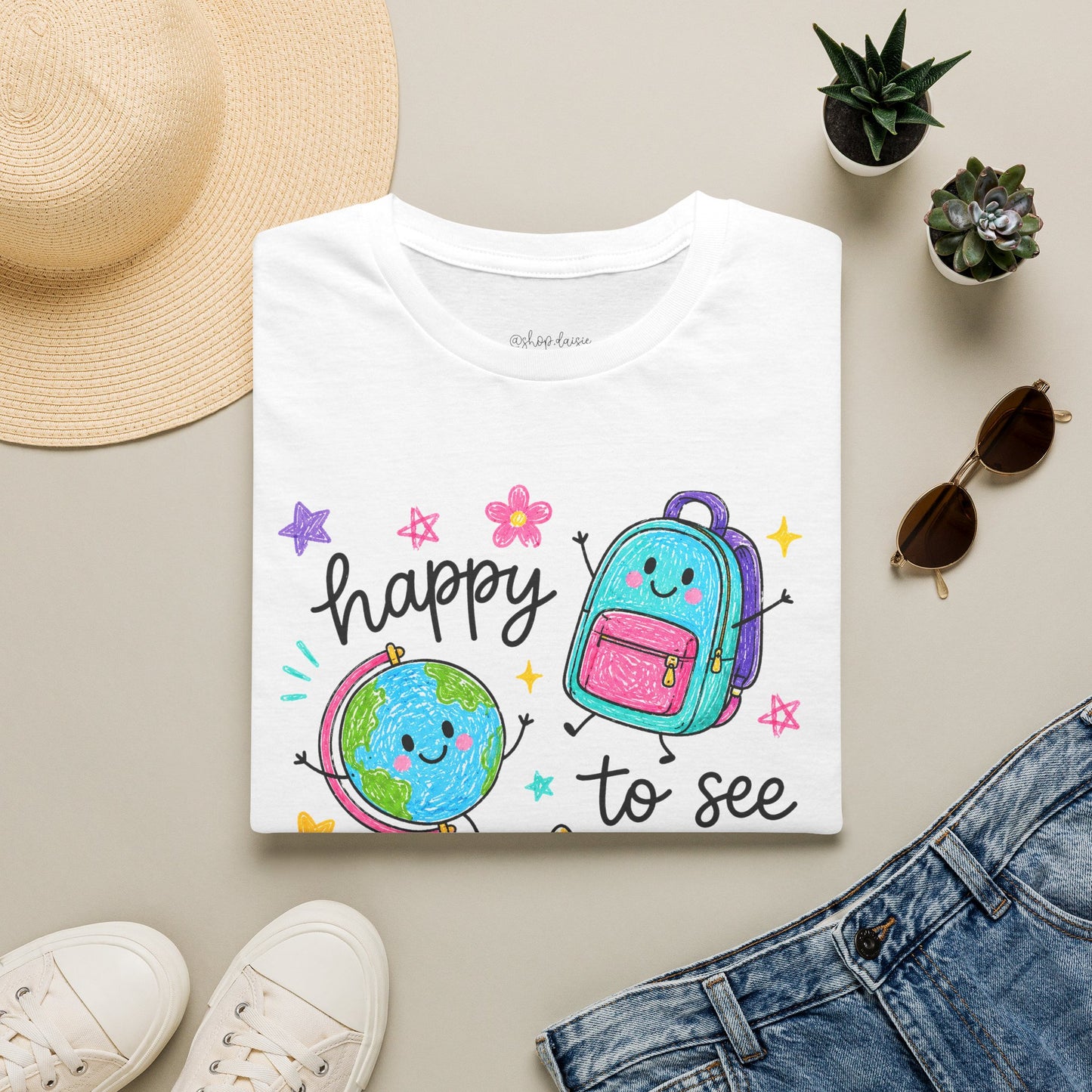 "Happy to See Your Face" Cute Back-to-School Backpack & Earth Graphic Tee