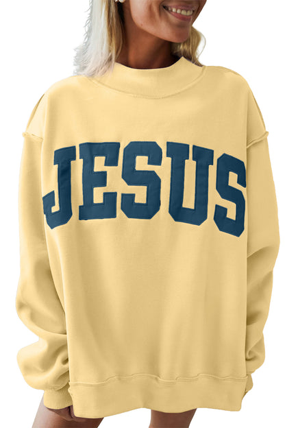 Orchid Bouquet JESUS Letter Patch Graphic Exposed Seam Mock Neck Baggy Sweatshirt
