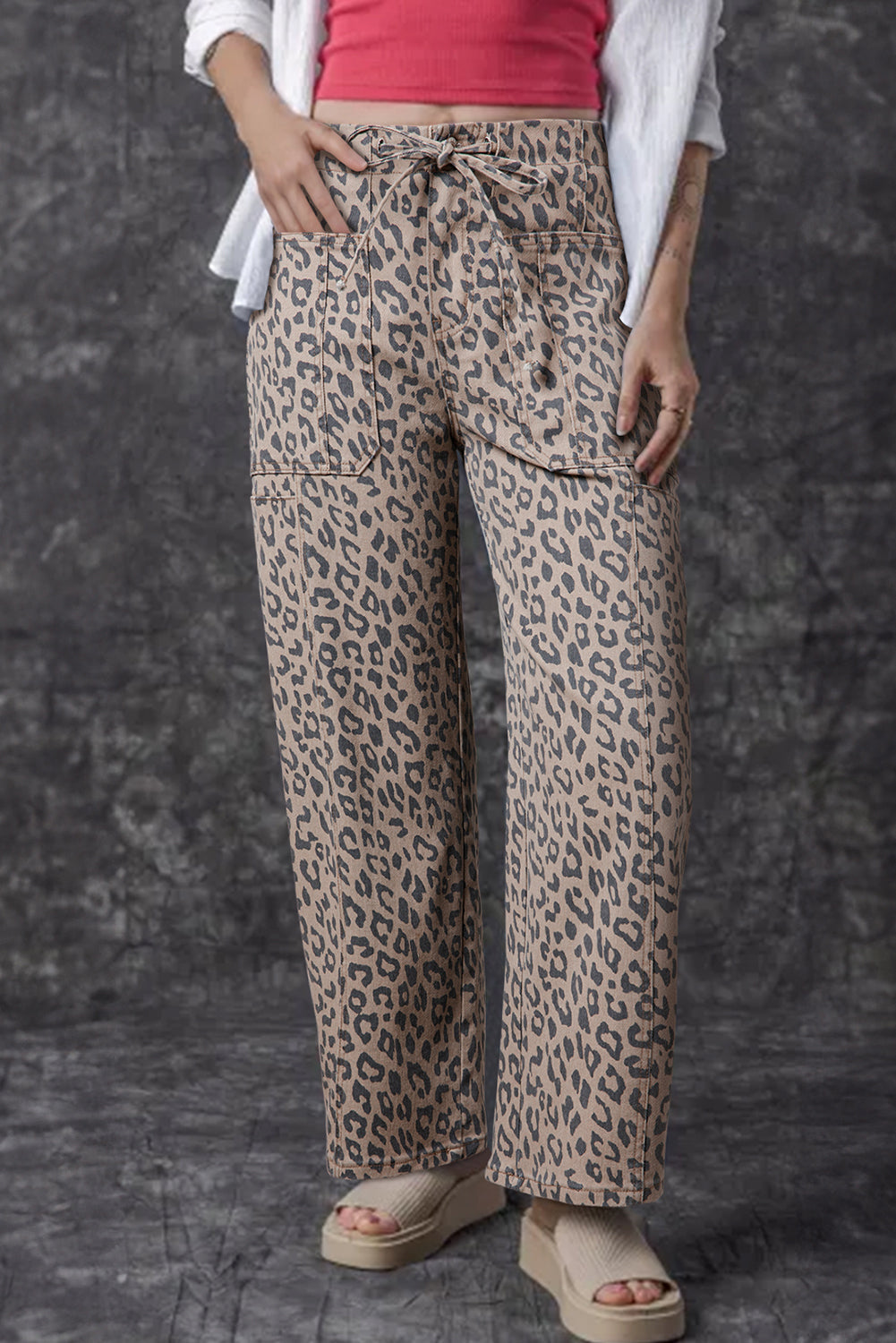 Leopard Printed Drawstring Waist Pocketed Wide Leg Jeans Daisie Boutique