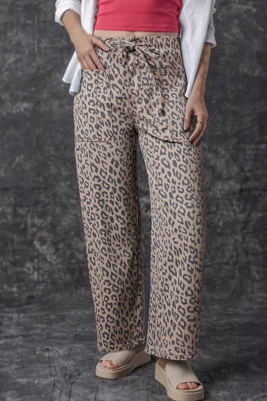 Leopard Printed Drawstring Waist Pocketed Wide Leg Jeans Daisie Boutique