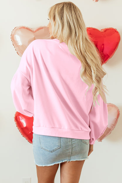 Light Pink Embroidered Bow Lantern Sleeve Oversized Pullover Sweatshirt Daisie Boutique