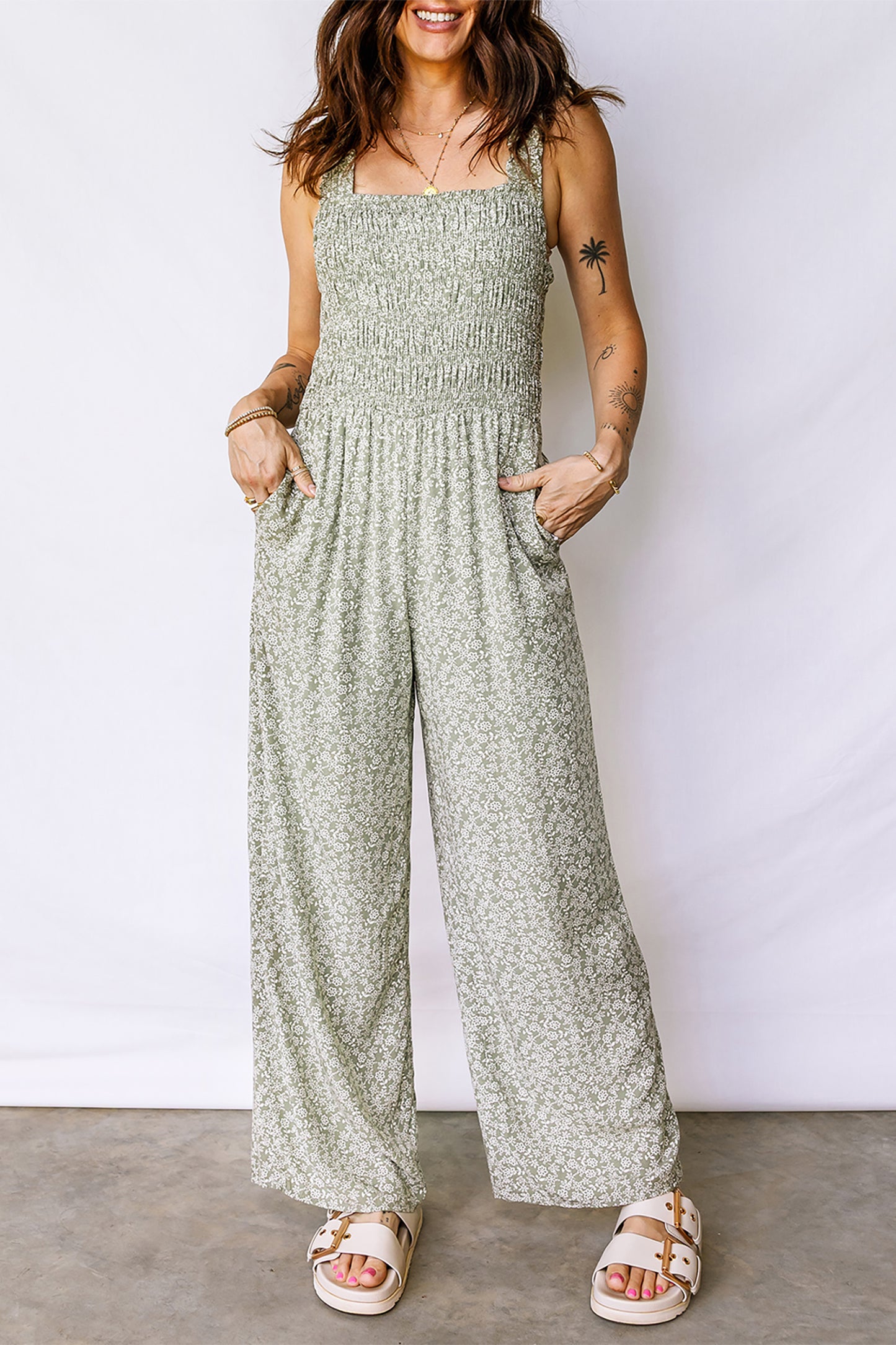 Square Neck Sleeveless Floral Jumpsuit