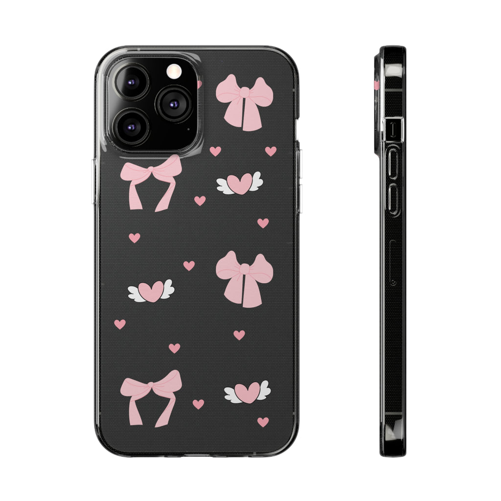 Cute Pink Bow Soft Phone Case | Stylish Heart & Wing Design
