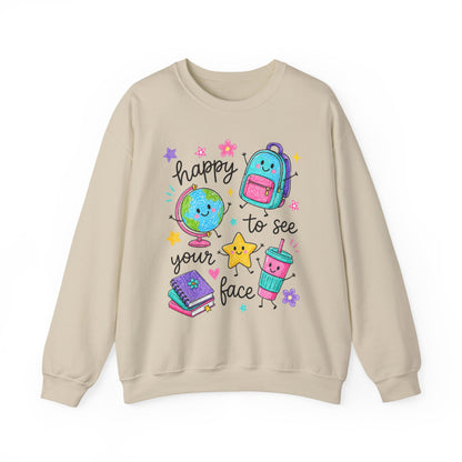 "Happy to See Your Face" Cute Kawaii School Icons Crewneck Sweatshirt