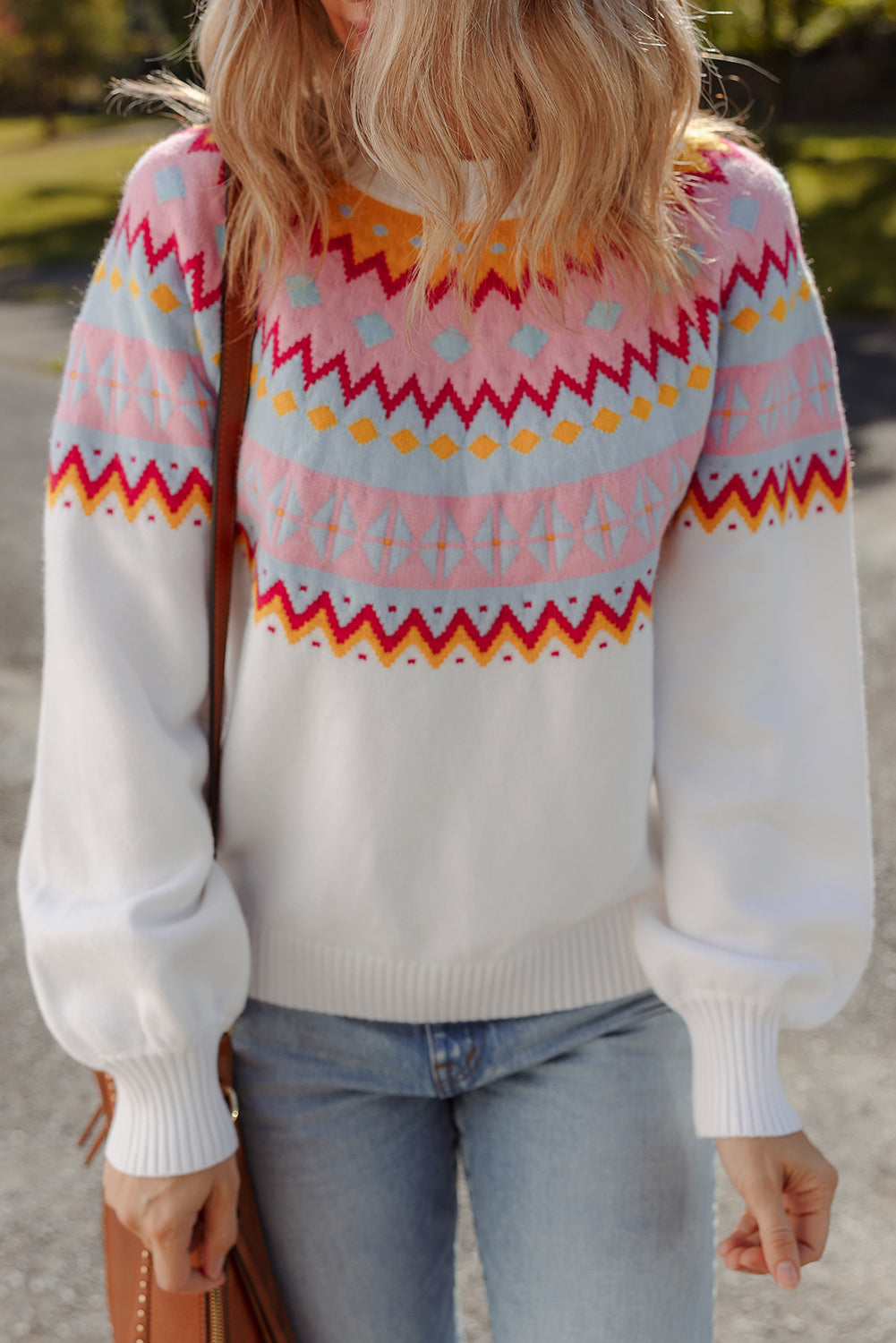 White Geometric Colorblock Print Drop Shoulder Sweater Dear-Lover Dropshipping