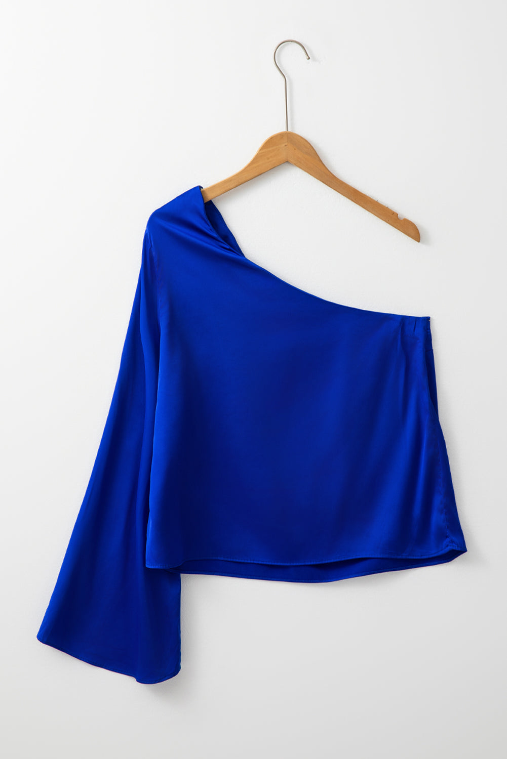 Asymmetric One Shoulder Bell Sleeve Satin Blouse - Dark Royal Blue Daisie Boutique