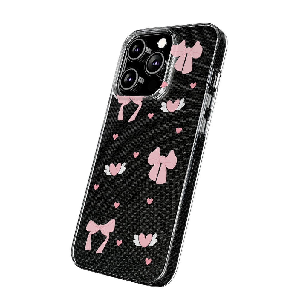 Cute Pink Bow Soft Phone Case | Stylish Heart & Wing Design