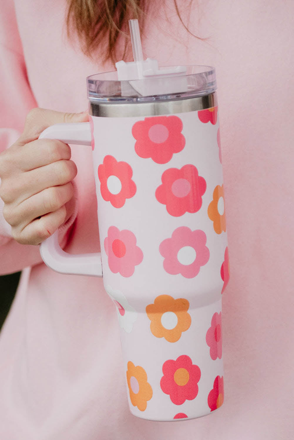 Multicolor Flower Print Handled Stainless Steel Vacuum Cup 40oz Daisie Boutique