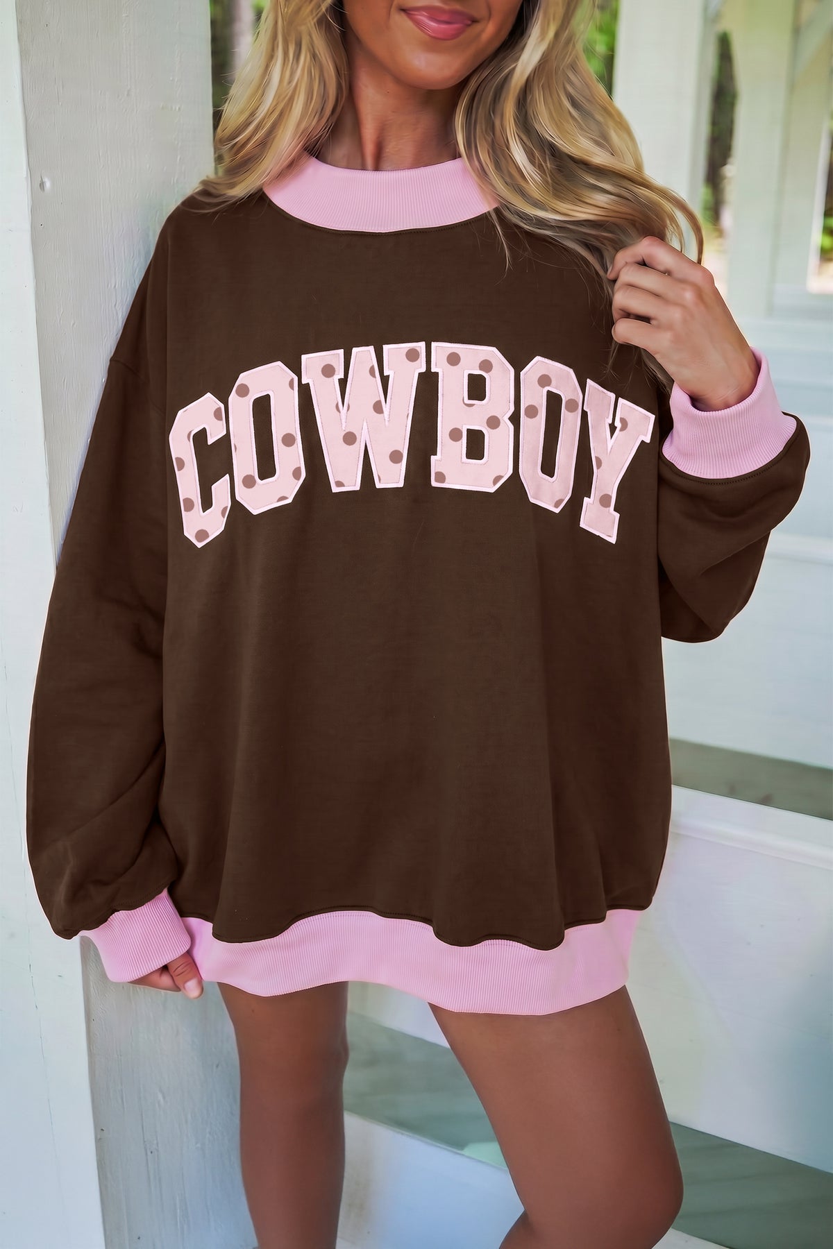 Coffee brown polka dot letter graphic colorblock tunic sweatshirt | Daisie & Co.