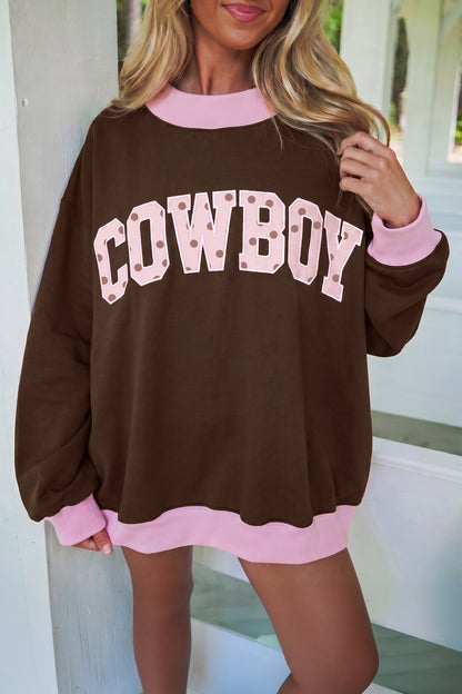 Coffee brown polka dot letter graphic colorblock tunic sweatshirt | Daisie & Co.