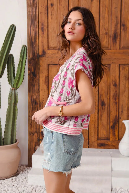 SO ME Button Front Floral and Stripe Knitted Sweater Vest My Pampered Life Seattle