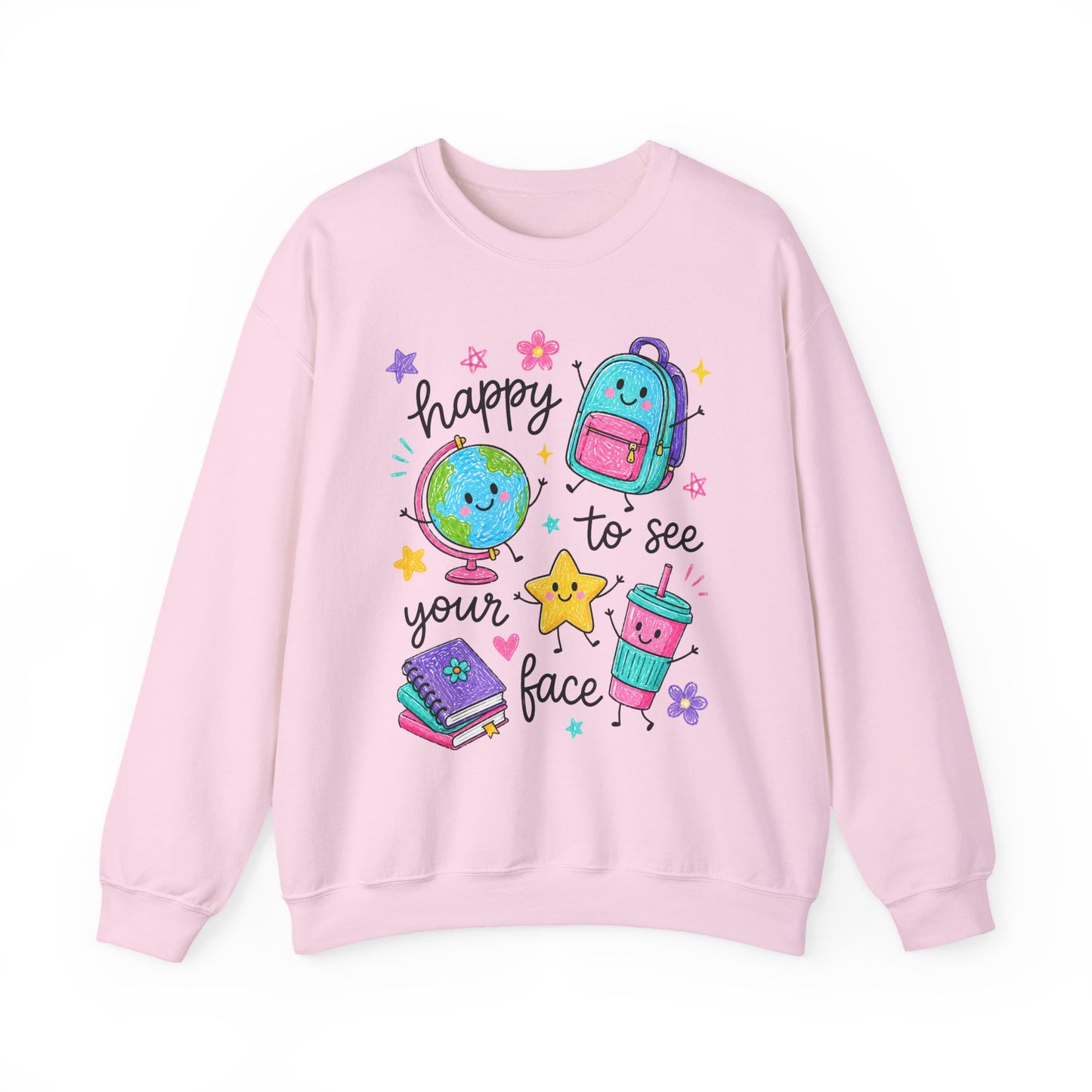 "Happy to See Your Face" Cute Kawaii School Icons Crewneck Sweatshirt