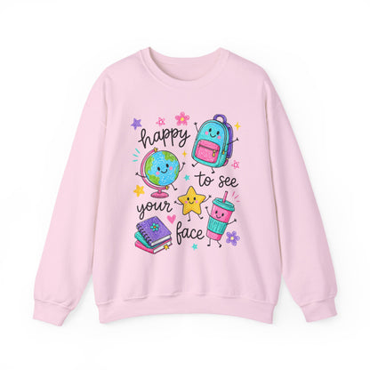 "Happy to See Your Face" Cute Kawaii School Icons Crewneck Sweatshirt