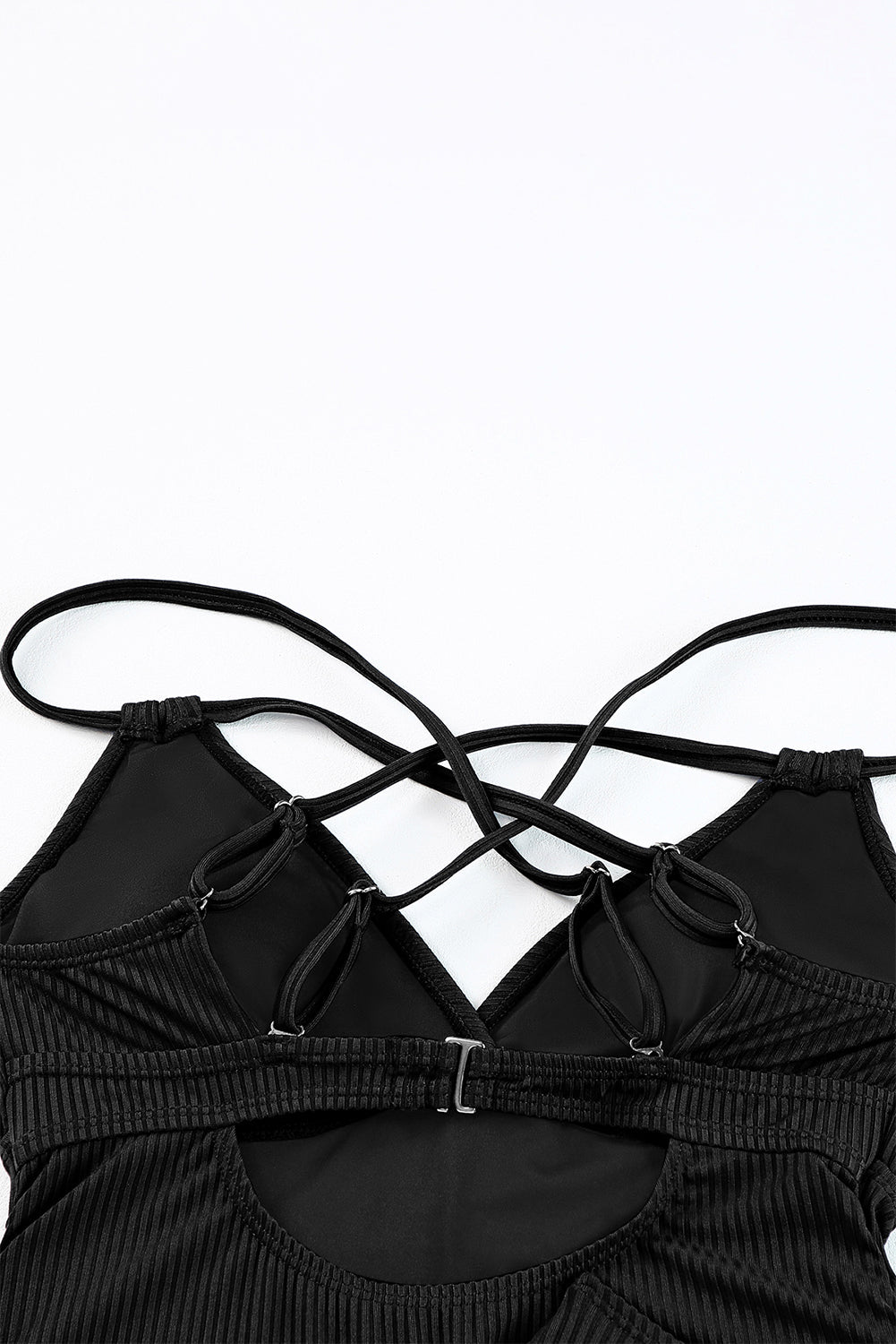 Ribbed Crisscross Straps Cut-Out Back Tankini - Black Daisie Boutique