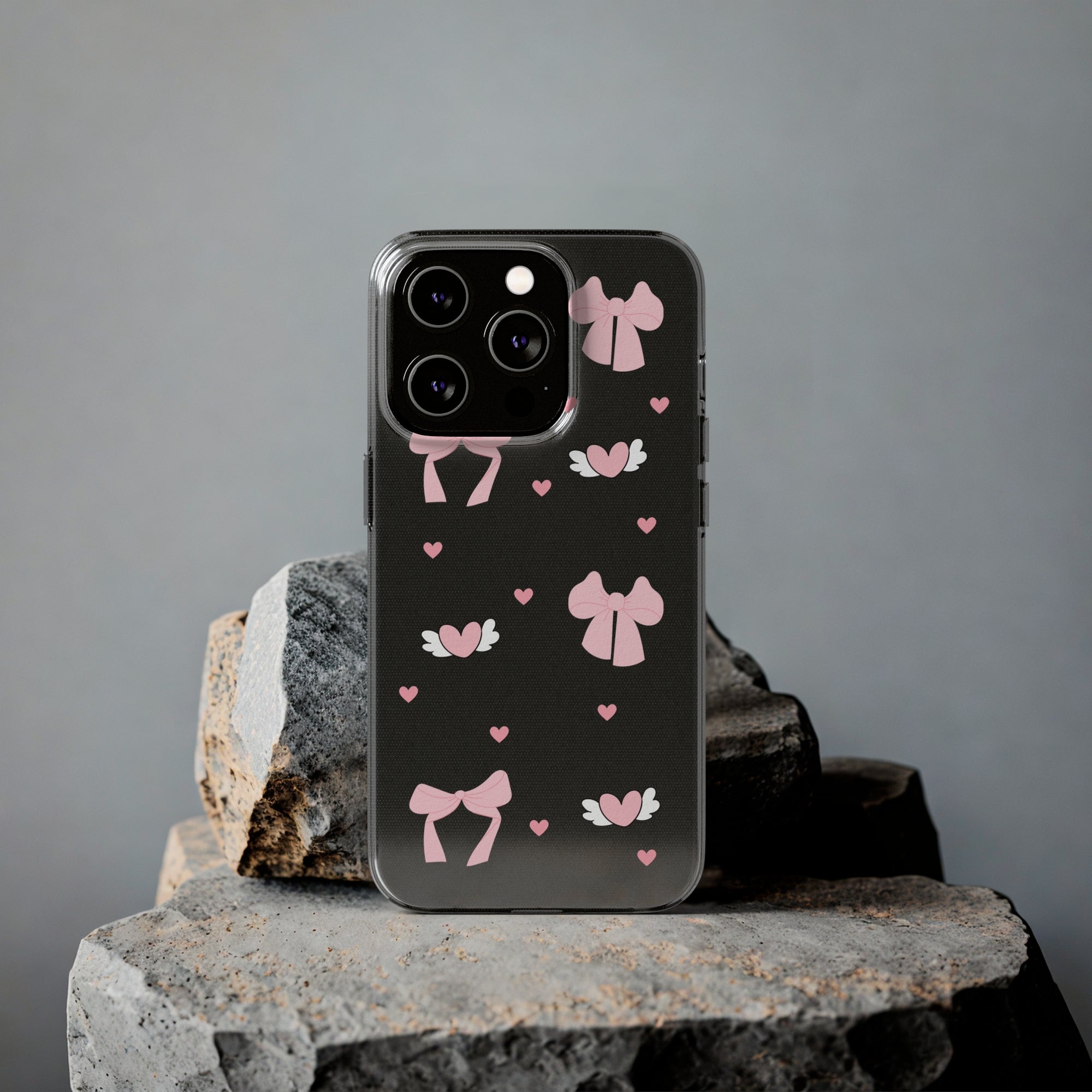 Cute Pink Bow Soft Phone Case | Stylish Heart & Wing Design