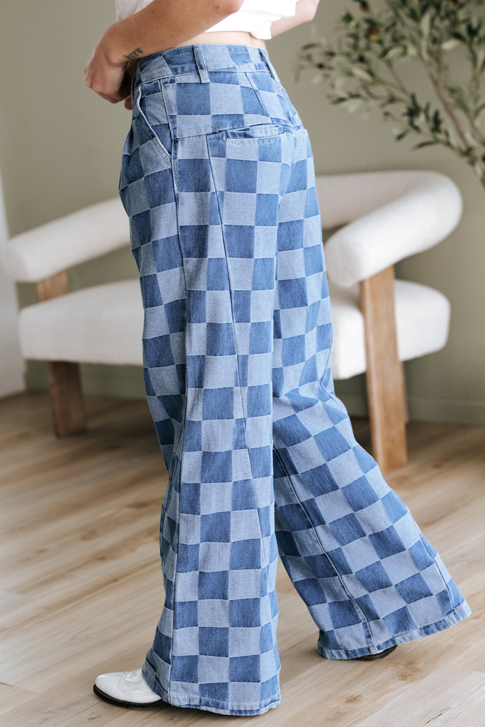 Checkered Denim Wide Leg Jeans Daisie Boutique