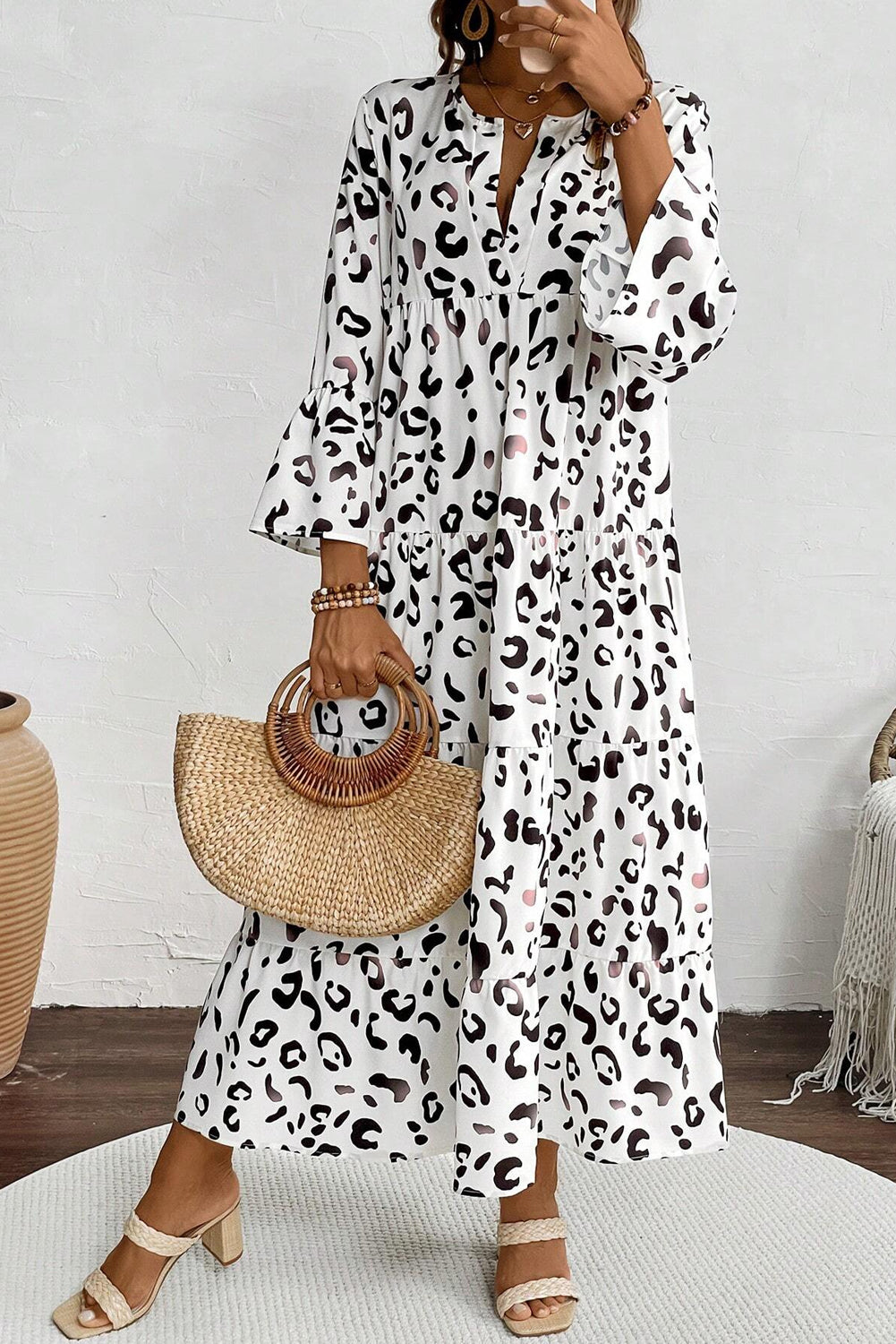 Leopard Print V Neck Loose Fit Maxi Dress - White Daisie Boutique