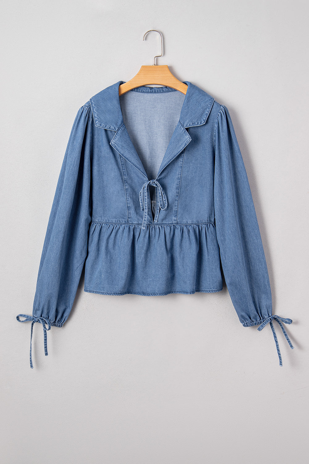 Denim Balloon Sleeve Tied Peplum Top Dear-Lover Dropshipping