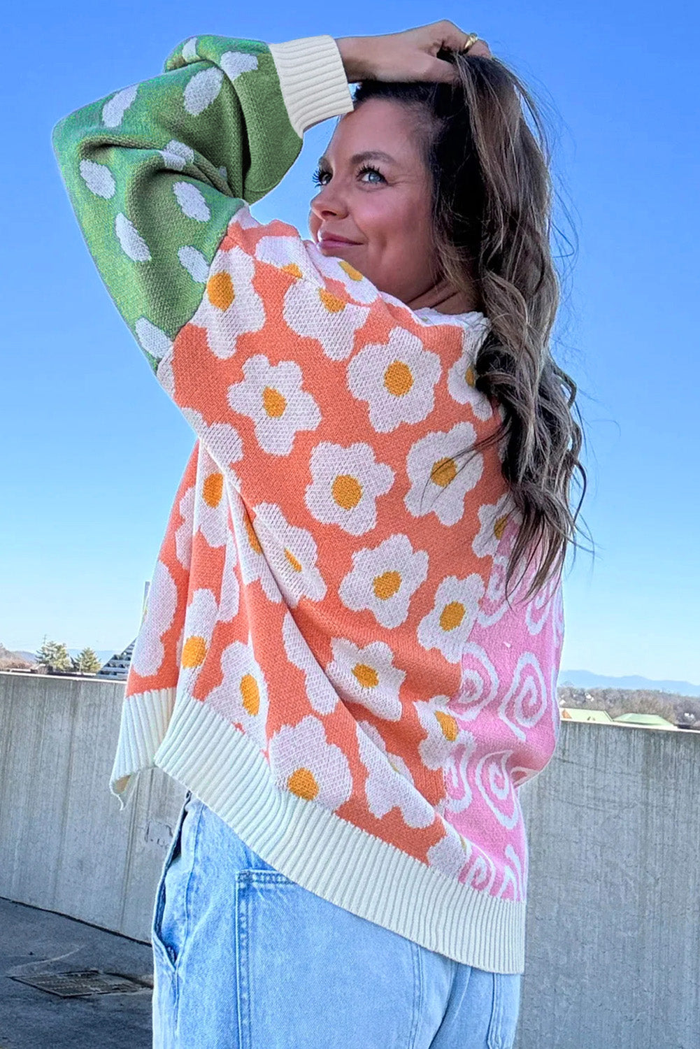 Orange Flower & Dotted Mixed Print Colorblock Open Front Cardigan Daisie Boutique