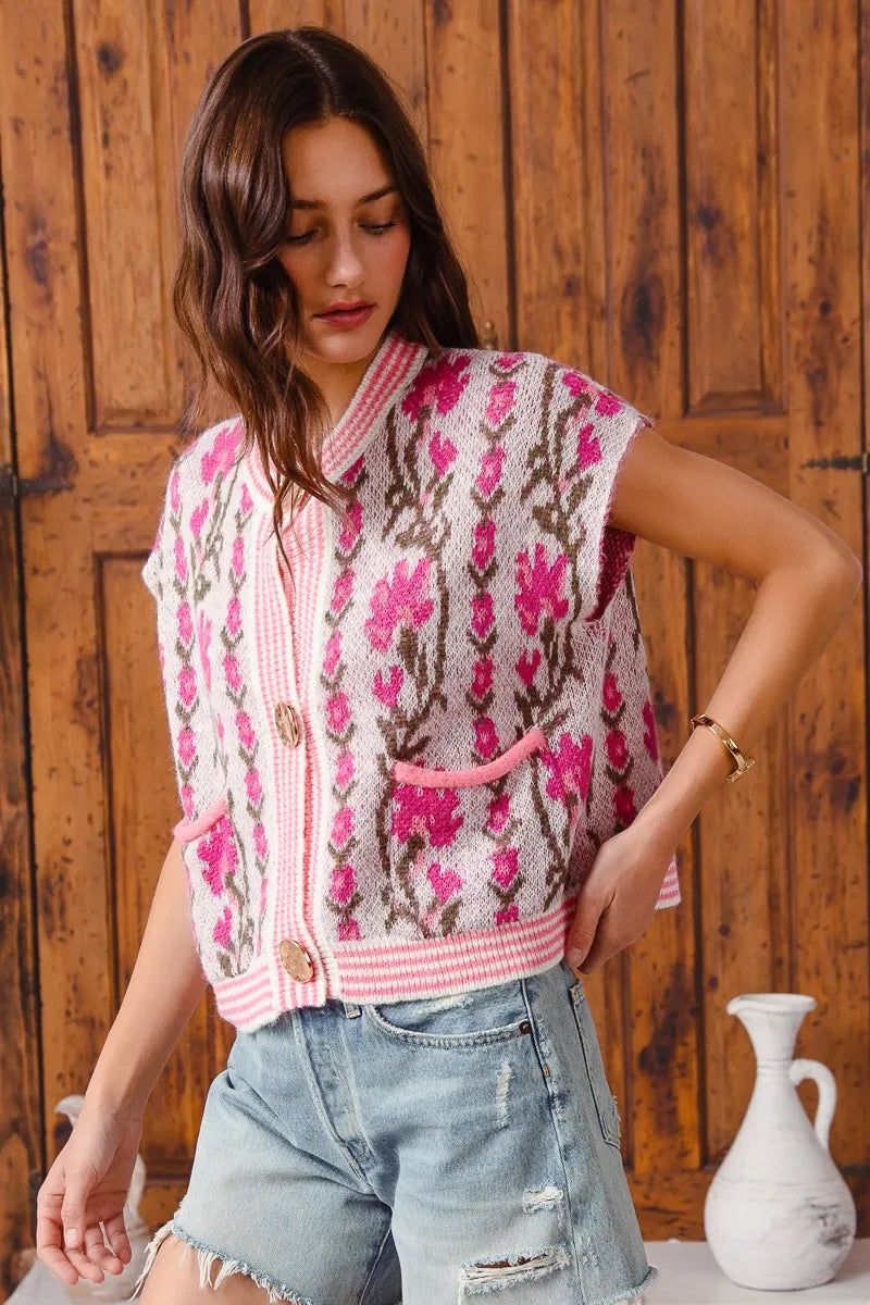 SO ME Button Front Floral and Stripe Knitted Sweater Vest My Pampered Life Seattle