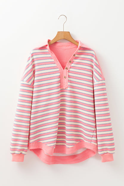 Stripe Buttoned V Neck Collared Top Daisie Boutique
