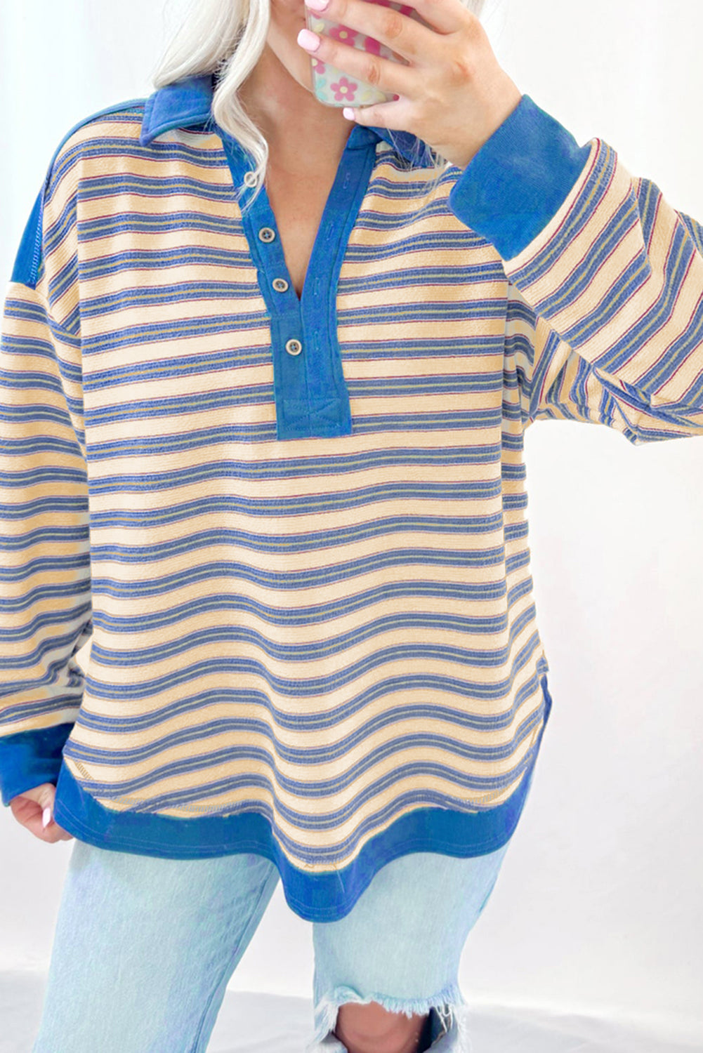 Stripe Buttoned V Neck Collared Top Daisie Boutique