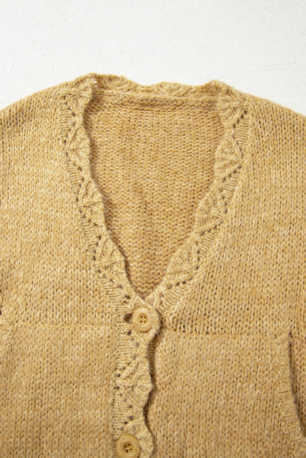 Light French Beige Lantern Sleeve Scallop V Neck Buttoned Front Cardigan Daisie Boutique