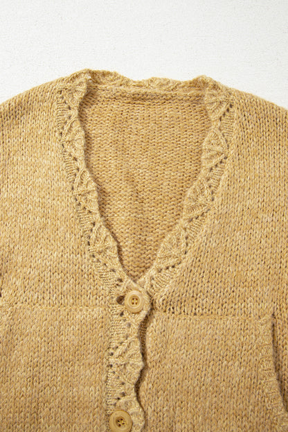 Light French Beige Lantern Sleeve Scallop V Neck Buttoned Front Cardigan Daisie Boutique
