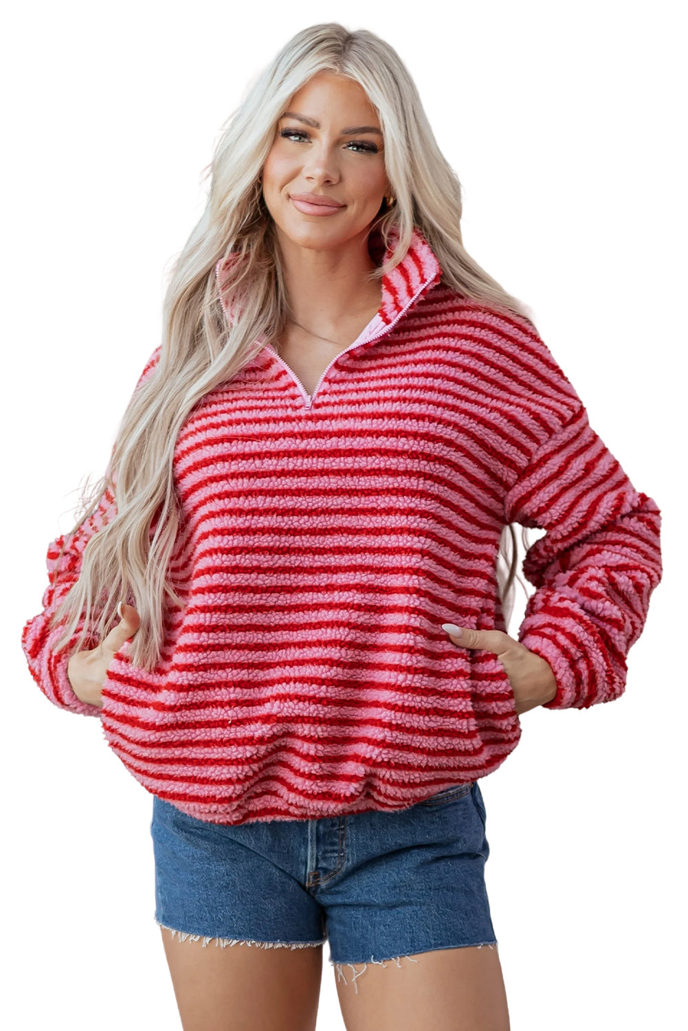 Pink Stripe Quarter Zip Fleece Oversize Sweatshirt Dear-Lover Dropshipping
