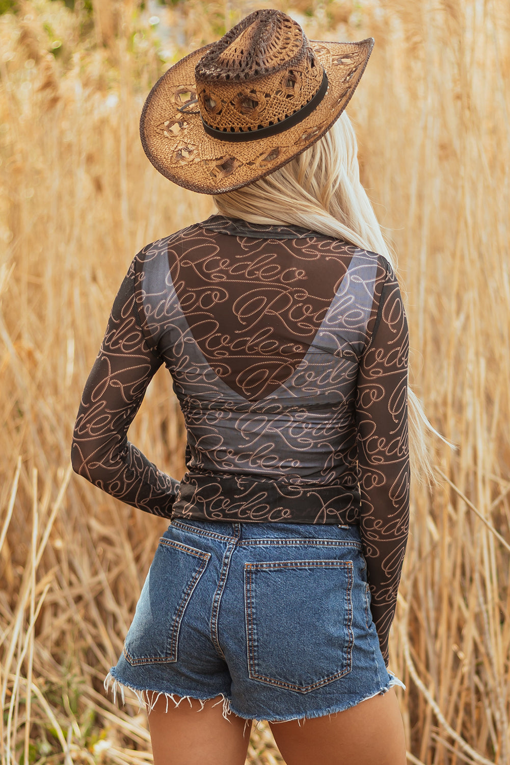 Western Rodeo Printed Mock Neck Long Sleeve Mesh Top in Black Daisie Boutique
