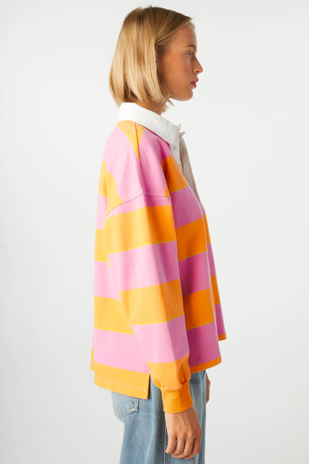 Striped Color Block Polo Collar Sweatshirt - Orange Dear-Lover Dropshipping