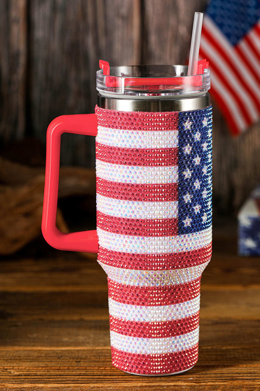 Rhinestone American Flag Handled 40oz Thermos Tumbler Daisie Boutique