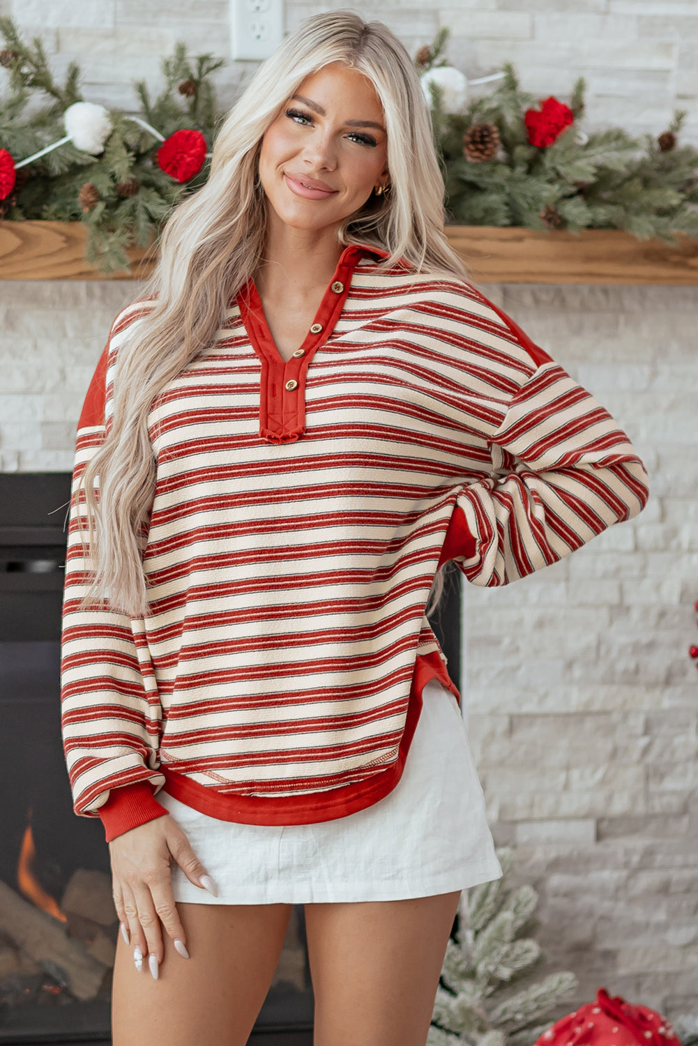Stripe Buttoned V Neck Collared Top Daisie Boutique