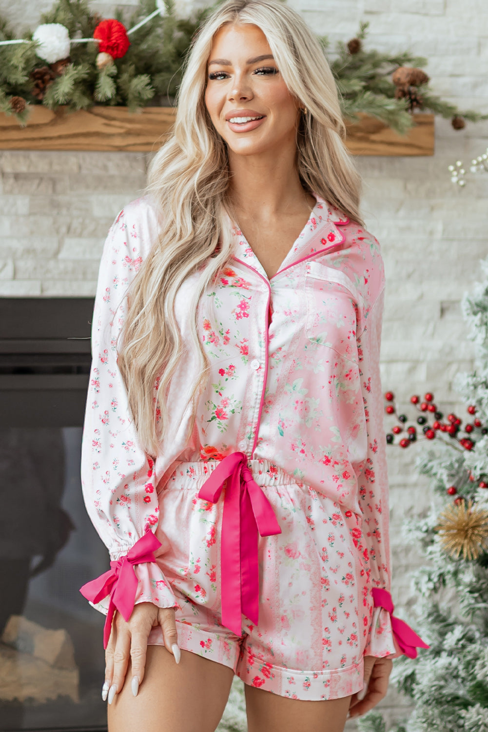 Pink Mixed Floral Print Contrast Piping Trim Satin Tie 2pcs Pajama Set Dear-Lover Dropshipping