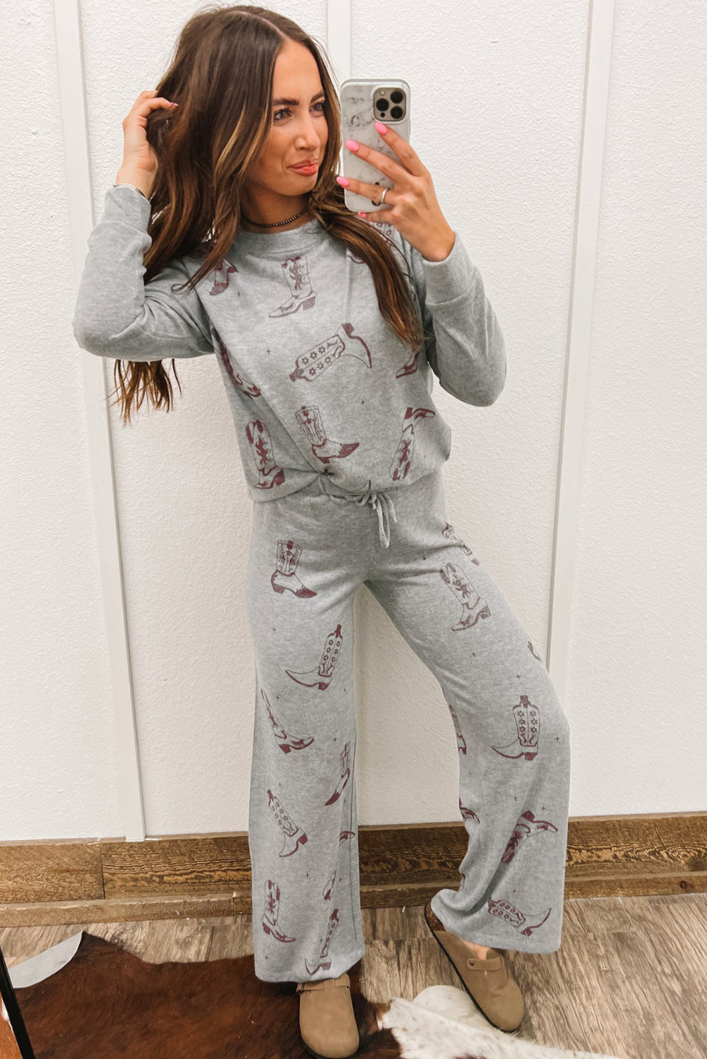 Cowgirl Boots Long Sleeve Top and Pants Lounge Set - Gray Daisie Boutique