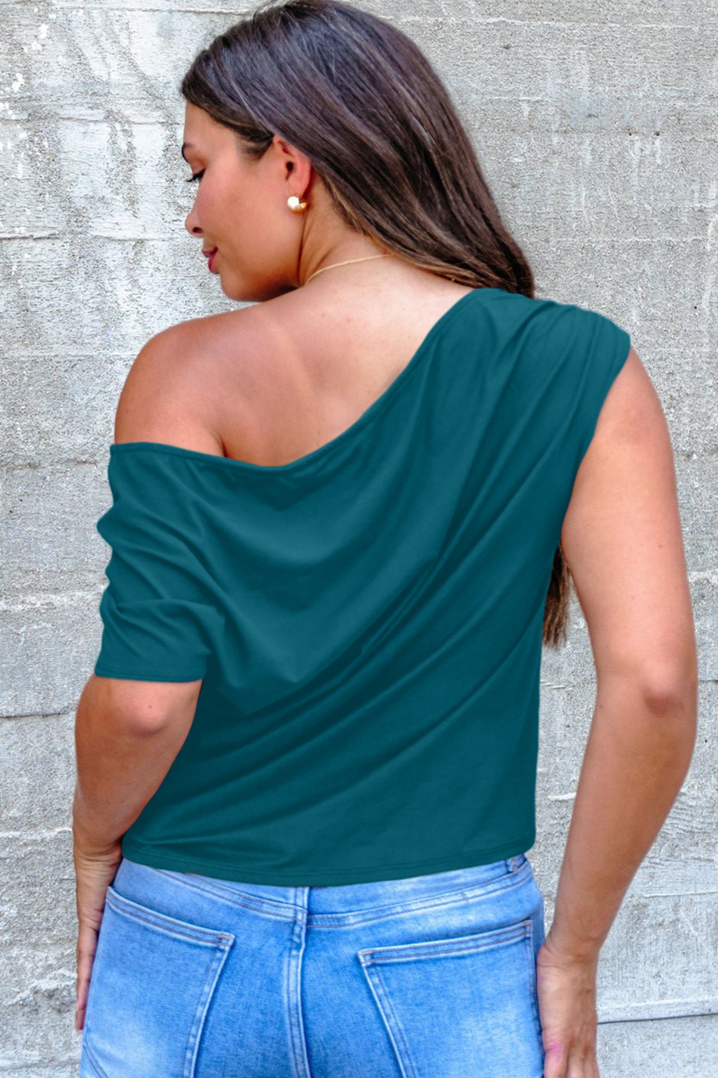 Plus Size Solid Color Asymmetric Neck Short Sleeve Blouse